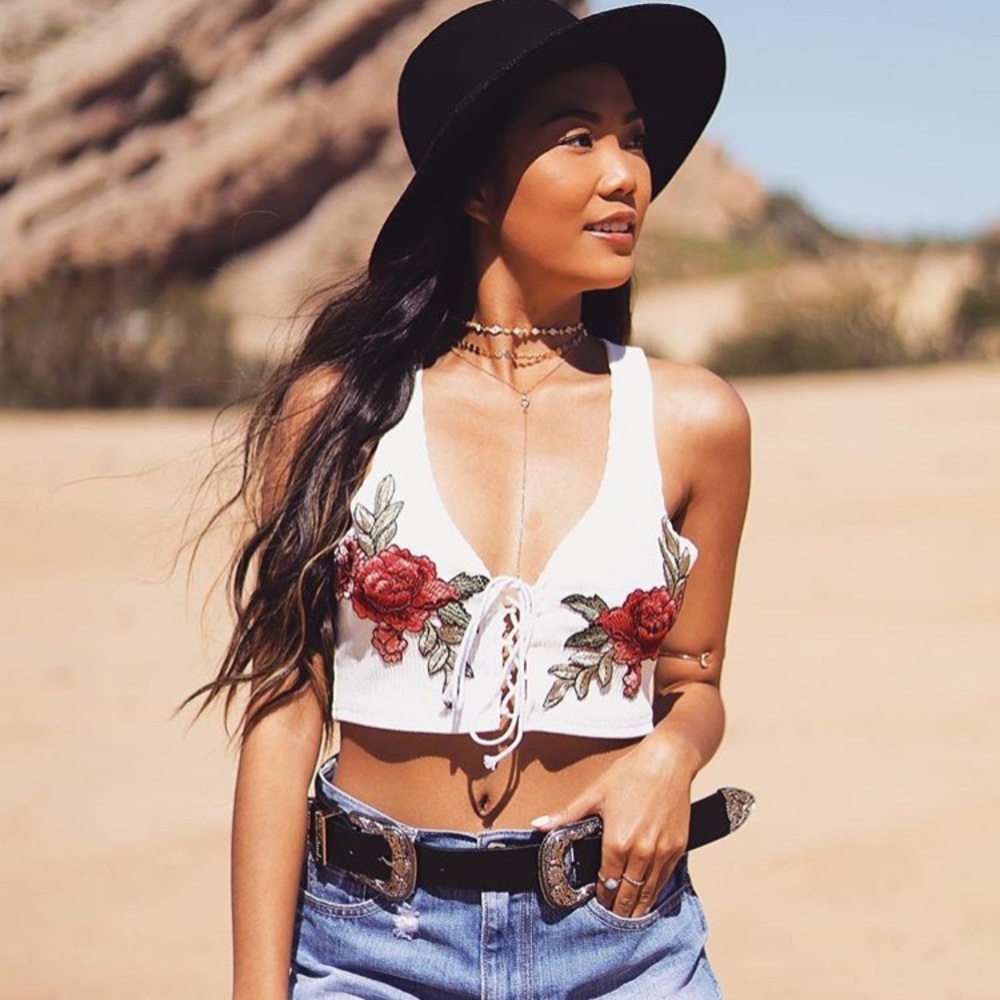 Floral embroidered lace up top